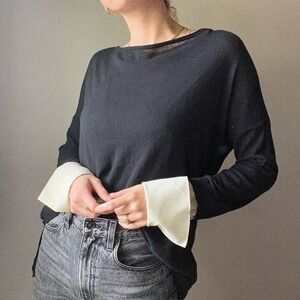 ALYSI Italian Knit Black Long Sleeve Cream Cuff Back Tie Top